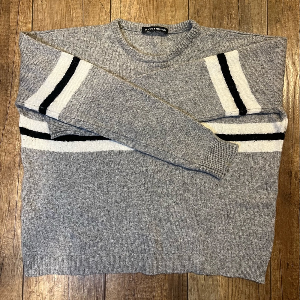 Brandy Melville Gray Sweater with Black and White Stripes